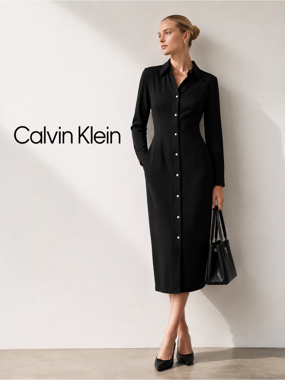Calvin Klein Black Long-Sleeve Button-Front Shirt Dress